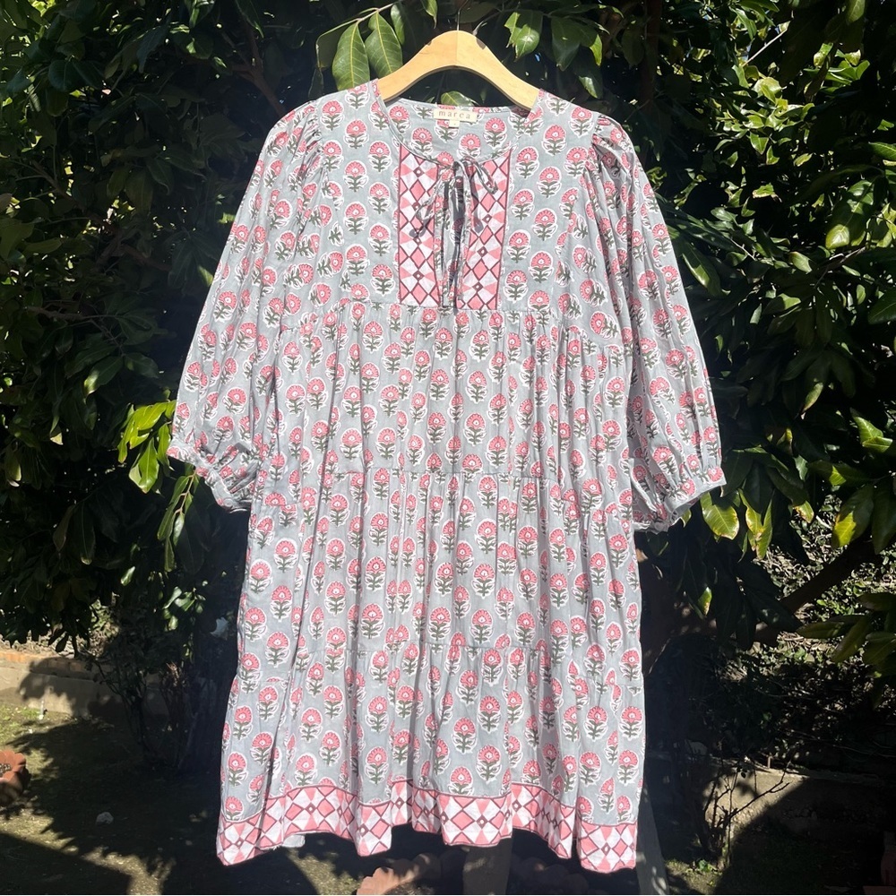 MAREA green pink floral‎ border print cotton puff sleeve tiered mini dress